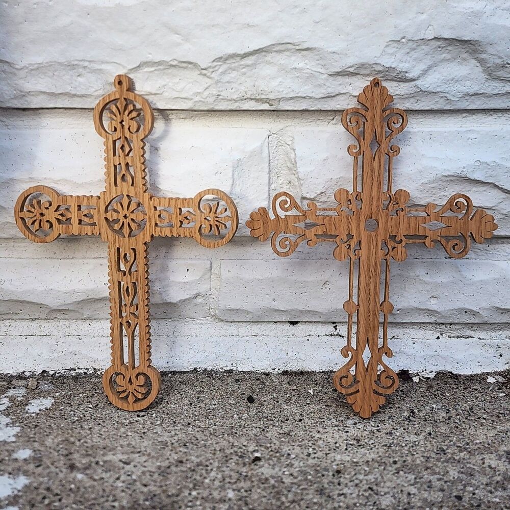 Vtg Scrollwork Filigree Wood Cross Wall Hanging 2Pc Gothic Ornate Carved Oak 9x6